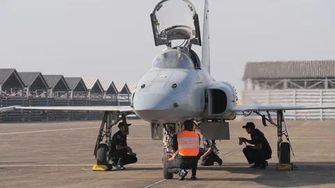 F5 fighter plane with engine running after flight,Ubon Ratchathani,Thailand Stock Footage 104848444