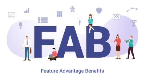 Fab feature advantage benefits concept with big word or text and team people  Stock Illustration