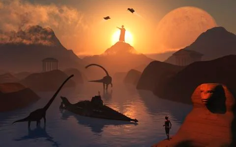 The fabled City of Atlantis set in the time of the dinosaurs. Stock Illustration
