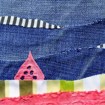 Fabric art applique Illustration. Patchwork forest landscape with trees, hill Stock Photos