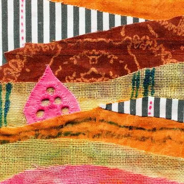 Fabric art applique Illustration. Patchwork forest landscape with trees, hill Stock Photos