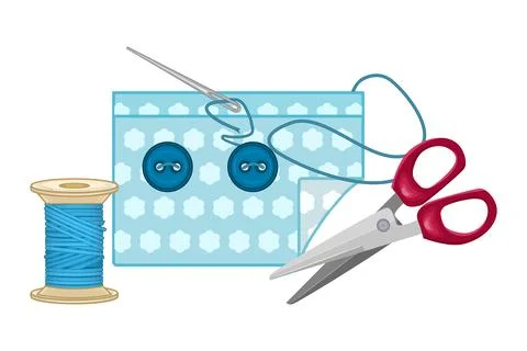 Fabric, button, scissor and spool for thread isolated on white background. Stock Illustration
