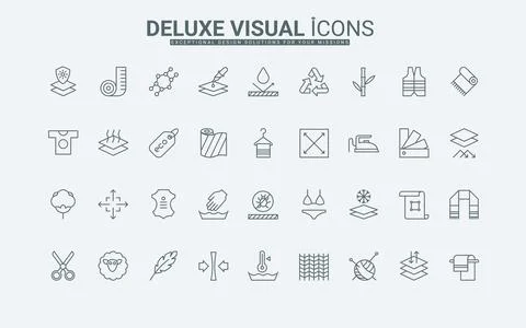 Fabric feature line icon set, synthetic and wool, leather and cotton textiles Stock Illustration