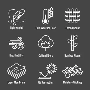 Fabric Features Icon Set - Moisture Wicking - Cotton - Bamboo - Wind Resistan Stock Illustration