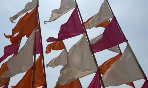 Fabric flags were swayed by strong wind with blue sky, decorate in festival.. Stock-Footage 339863890