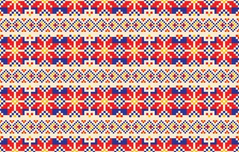 Fabric pattern geometric design in shades of red, blue, yellow, and cream. .. 스톡 일러스트