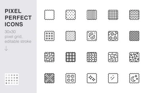 Fabric pattern line icon set. Checkered, flannel, geometric, tartan, polka dot Stock Illustration