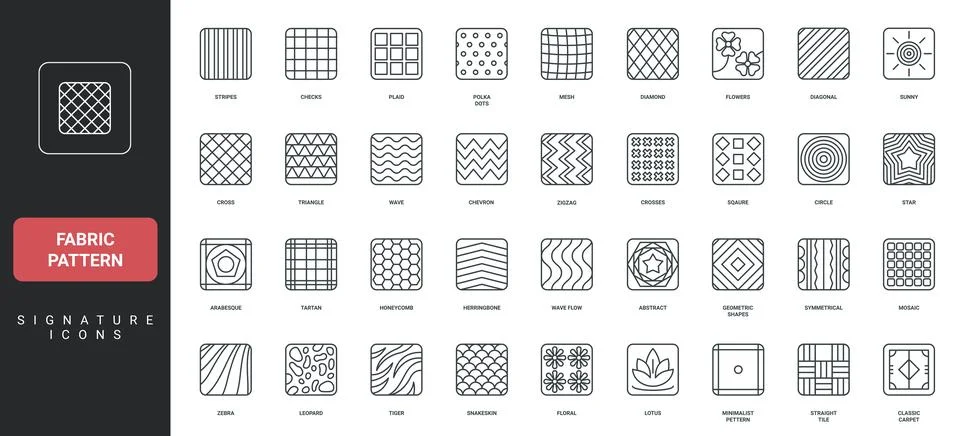 Fabric patterns in line icon set of square shape, stripes and polka dots, zigzag 스톡 일러스트