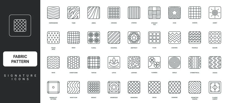 Fabric patterns in line icon set of square shape, stripes and polka dots, zigzag 스톡 일러스트