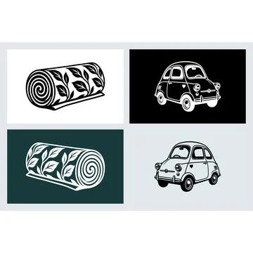 Fabric roll with leaf pattern and small vintage car icons Stock Illustration