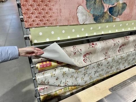 Fabric Sample Rack for Tablecloths in Klaipeda Mall, 2025 05 05 Stock Photos