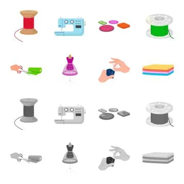 Fabric, scissors for cutting fabrics, hand sewing, dummy for clothes. Sewing and Stock Illustration