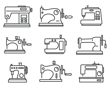 Fabric sew machine icon set, outline style Stock Illustration