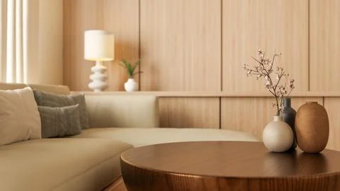 Fabric sofa couch and round table with flower vase aside wooden wall in a m.. Stock Illustration