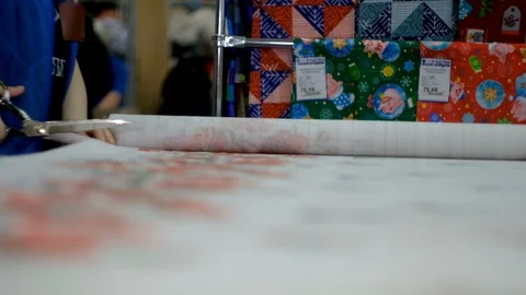 In the fabric store a large selection of fabrics, you can cut a piece and buy, Vidéo 123404155