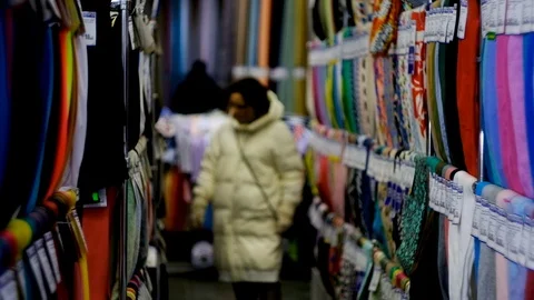 In the fabric store a large selection of fabrics Video stock 123739593