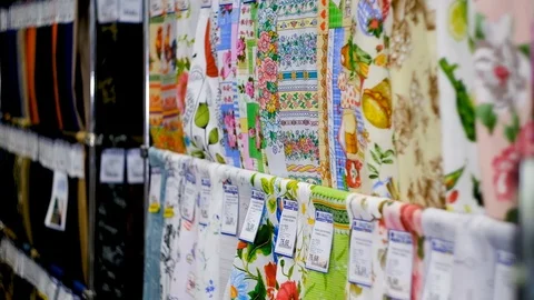 In the fabric store a large selection of fabrics Vidéo 123745690