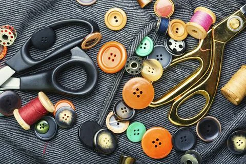 Fabrics and sewing tools Stock Photos