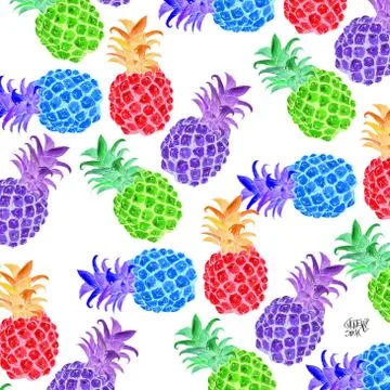 Fabrics with color drawn pineapple with colored background Stock Illustration