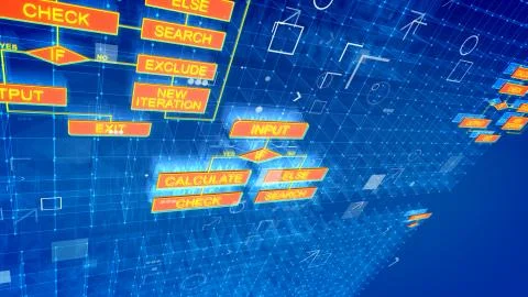 A fabulous 3drendering of electronic algorithms in the bright blue background Stock Illustration