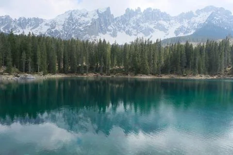 The fabulous alpine lake of Carezza in the Dolomites (Bolzano). Lovely place Stock Photos
