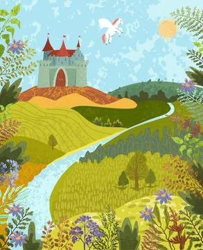 Fabulous landscape with a castle and a pegasus Stock Illustration