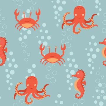 Fabulous nautical pattern with a fun orange sea horse, crab, octopus. Stock Illustration