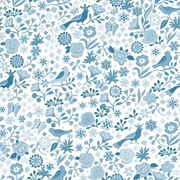 A fabulous pattern of flowers and birds. Stock Illustration