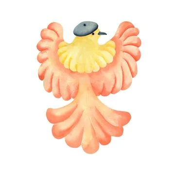 Fabulous unusual bird in a cap with spread wings. Drawn with watercolors Stock Illustration