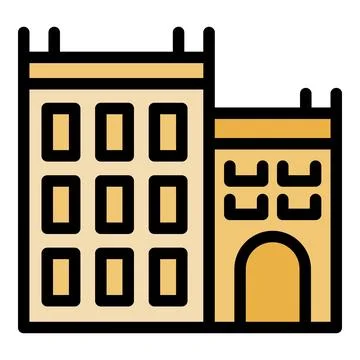 Facade of ancient building with square windows and arched entrance Ilustración de archivo