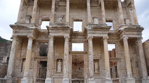 Facade Of An Ancient Stone Building With Columns And Sculptures (Celsus Library) Stock Footage 195930362