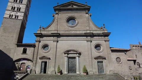 The facade and bell tower of the cathedral in Viterbo Stock Footage 152899146