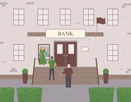 Facade of the bank with queue near ATM during epidemic of virus. Entrance Illustrazione stock