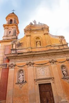 Facade of Basilica Saint-Michel in Menton, French Riviera, France 스톡 사진