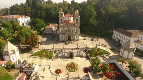 Facade of Bom Jesus do Monte, Braga, Portugal aerial view Stock Footage 72288134