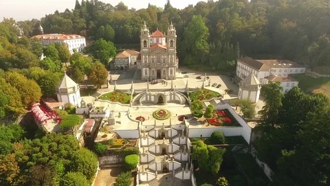 Facade of Bom Jesus do Monte, Braga, Portugal aerial view 7 october 2016 Stock Footage 72288196