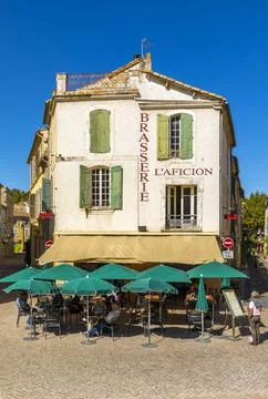 Facade of Brasserie L'Aficion, Arles, Bouches-du-Rhone, Provence-Alpes-Cote Stock Photos