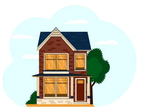 Facade of a brick house in a flat style. Two-story building with a tree Stock Illustration