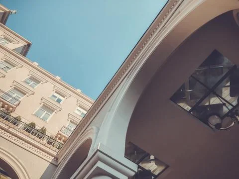 Facade of a building with columns against the sky. Bottom to top image 库存照片