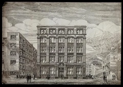 The fa?cade of a building flanked by two roads. Pen and ink drawing. Ilustración de archivo