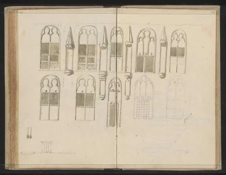 Facade of a building with meshwork windows. Page 143 and 144 from a sketch... Fotos de archivo