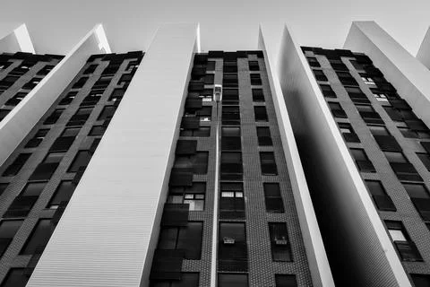 Facade of a building seen from below in black and white Stock Photos