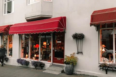 Facade of the building window store cafe vintage in reykjavik, iceland. House Stock Photos