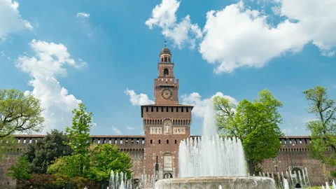 Facade of Castello Sforzesco and fountain in Milan, Italy. Hyper lapse. Stock Footage