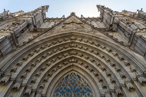 Facade of the Cathedral of Barcelona in its Gothic Quarter. Stock Photos