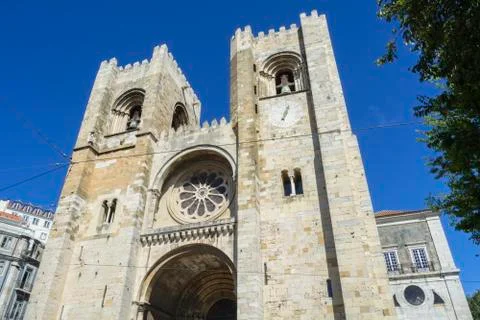 Facade of cathedral Lisbon Stock Photos