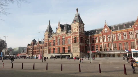 Facade of Centraal Station in Amsterdam Stock Footage 133879968