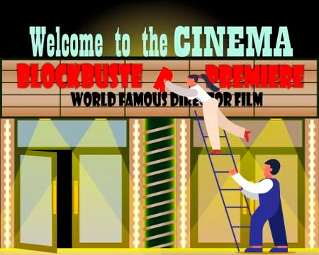 The facade of the cinema building. Workers fix the sign. Vector illustration. Stock Illustration