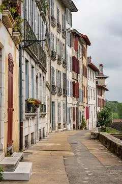 Facade with doors and windows typical of the south of France in the Basque Stock Photos
