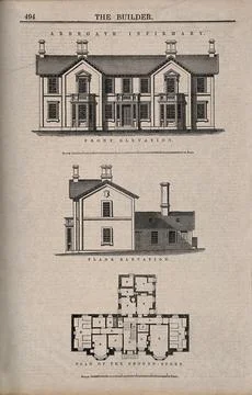 Facade, flank elevations and plan of ground floor of Arbroath Infirmary. Wo.. Stock Illustration